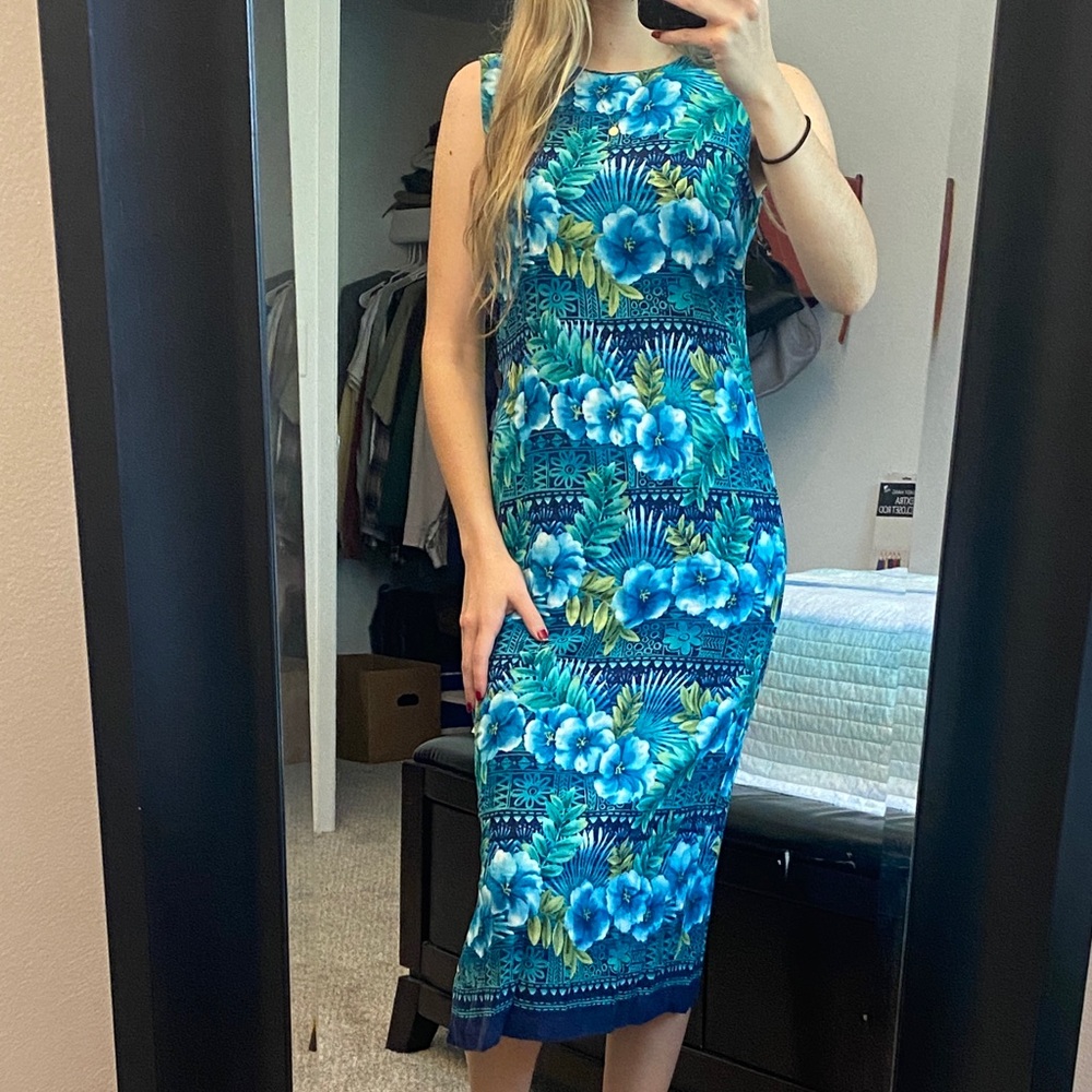 R & K Originals 6 Petite Blue Floral Midi Dress Sleeveless Tropical Print